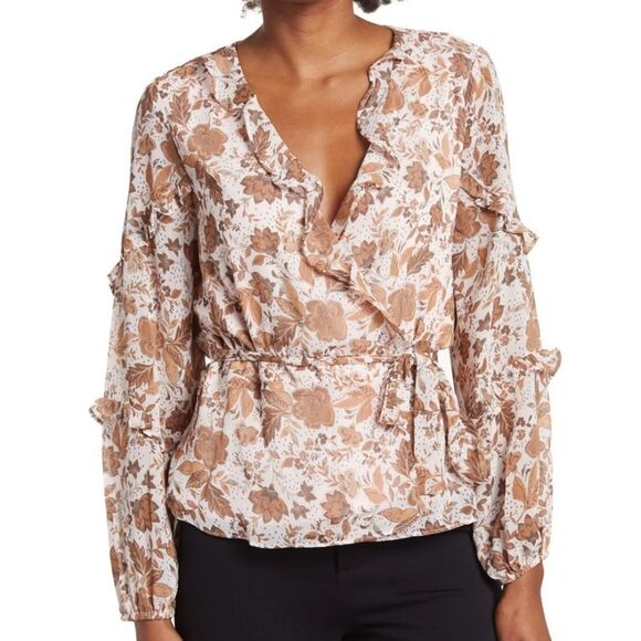 CeCe Tops - New CeCe Women's Floral Long-sleeve Wrap Waist V-neck‎ Blouse Large